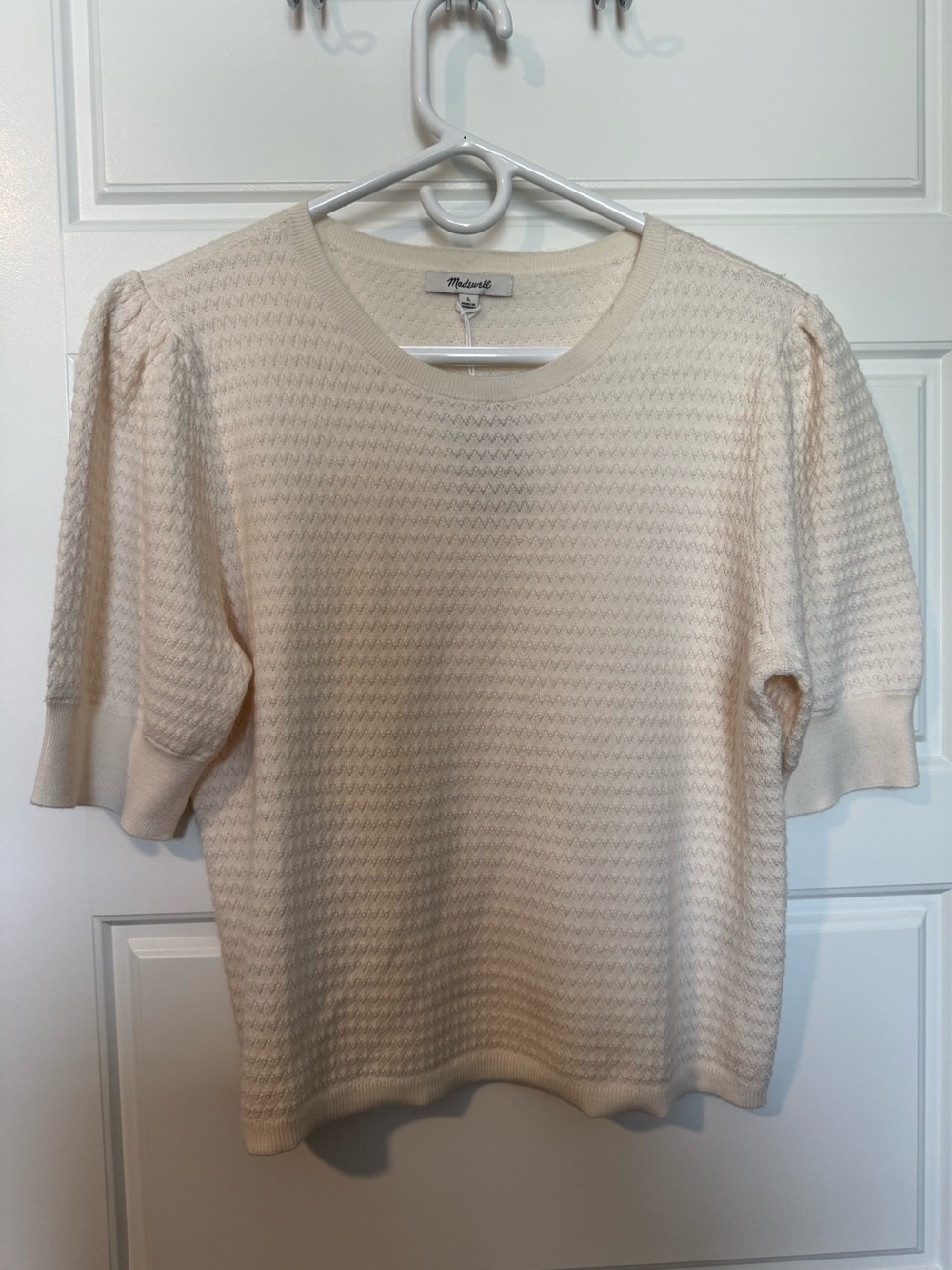 NWT Madewell Cream Merino Wool/Silk Blend Pointelle Short Sleeve Sweater, Size L